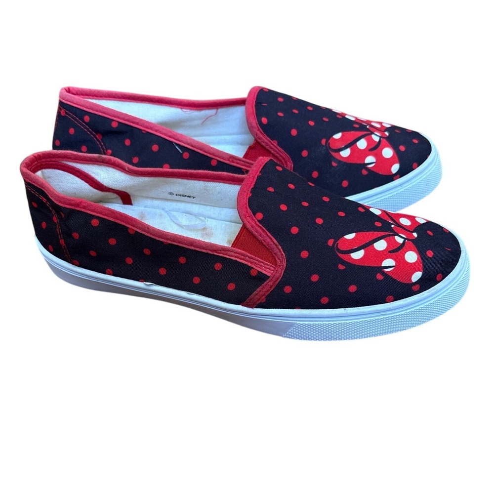 Disney Minnie Mouse Slip On Sneakers Women Black Red Polka Dot Bow SIZE 12
